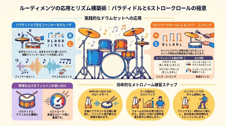 パラディドルと6ストロークロールのドラムセット活用例＆効果的なメトロノーム練習法
