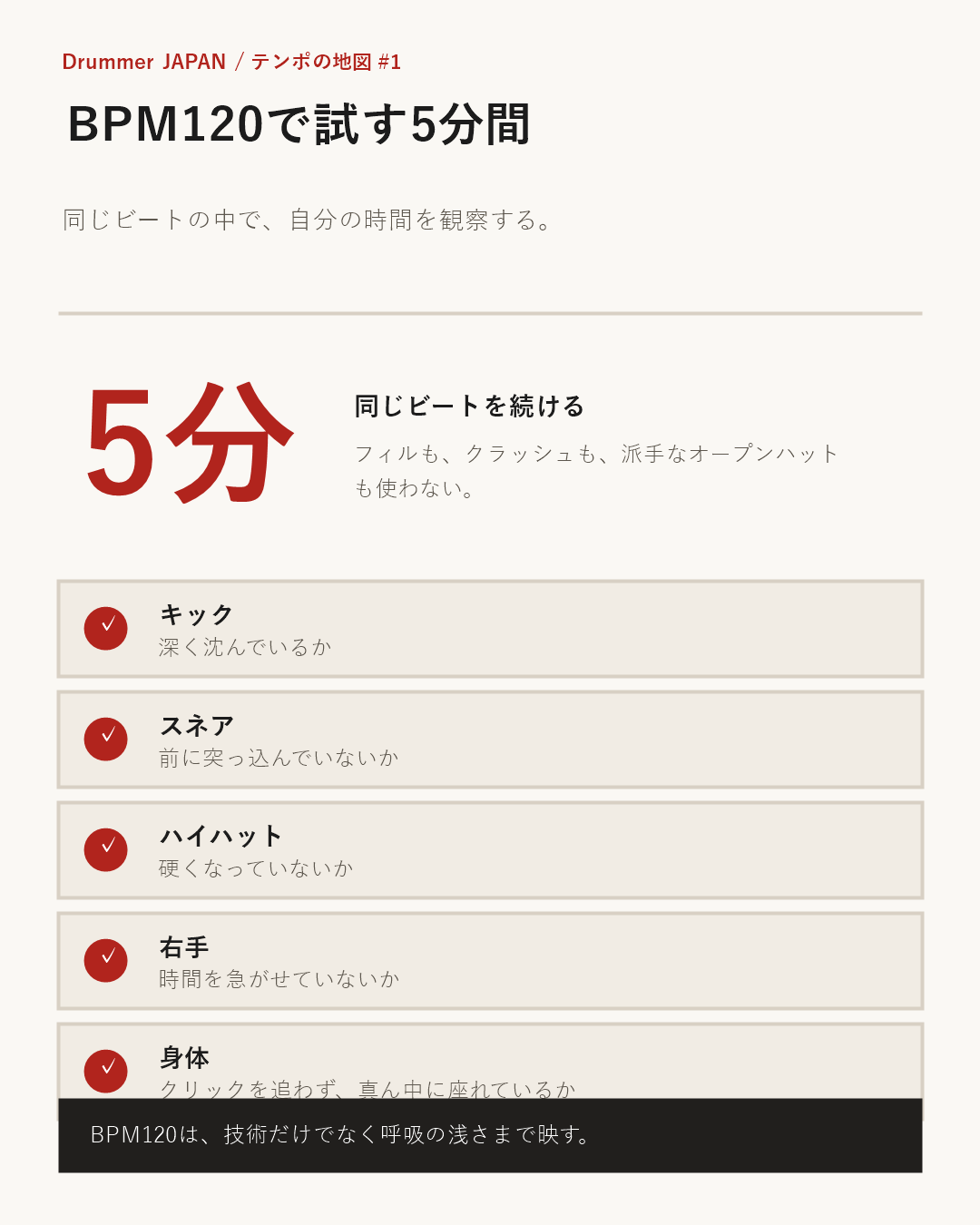 BPM120で5分間同じビートを叩くときのチェックポイントをまとめたインフォグラフィック