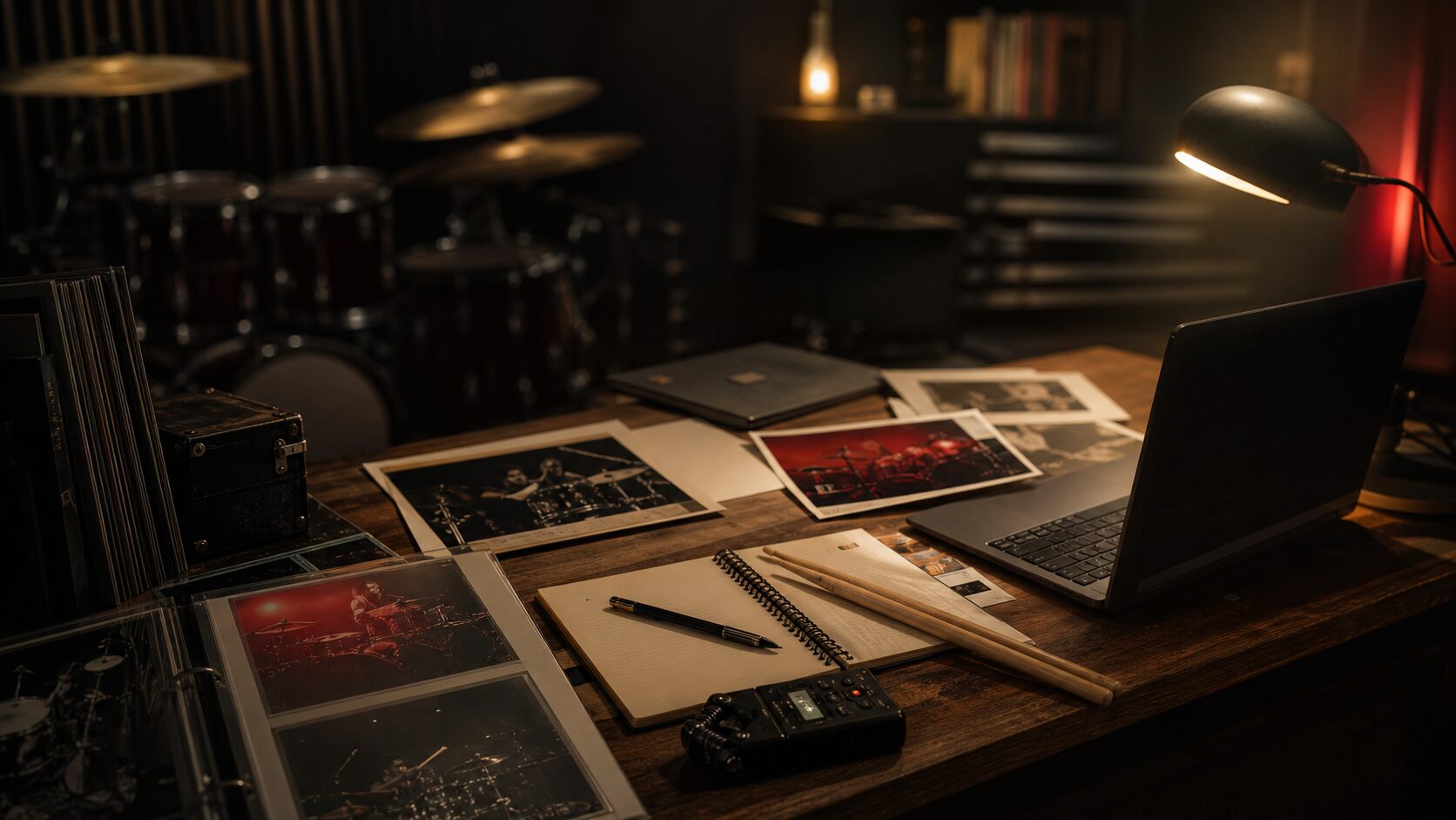 ドラムと記録資料が置かれた、Drummer JAPAN CREWの編集室をイメージした写真
